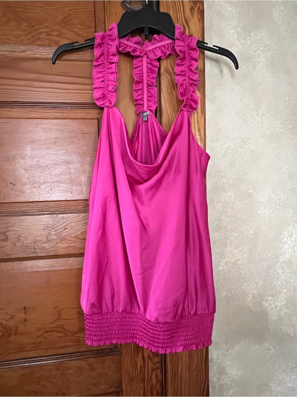 Charlotte Russe Y2K Hot Pink Smocked Ruffle Cowl Neck Satin Blouse Size L